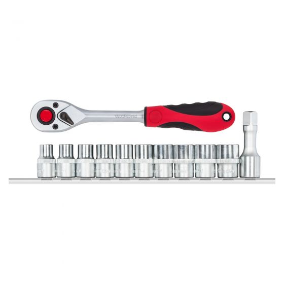 Gedore Red 1/2" Sq Dr Sockets On Rail 10-19mm C/W Ratchet